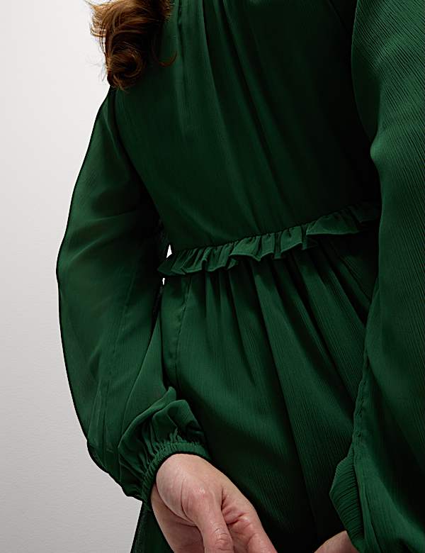 Chiffon V-Neck Ruffle Midaxi Waisted Dress