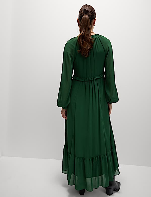 Chiffon V-Neck Ruffle Midaxi Waisted Dress