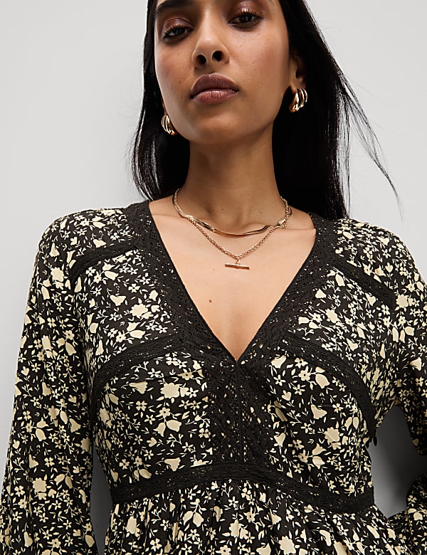 Printed Lace Insert Mini Waisted Dress