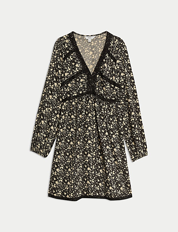 Printed Lace Insert Mini Waisted Dress - HU