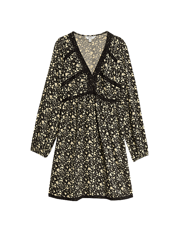 Printed Lace Insert Mini Waisted Dress