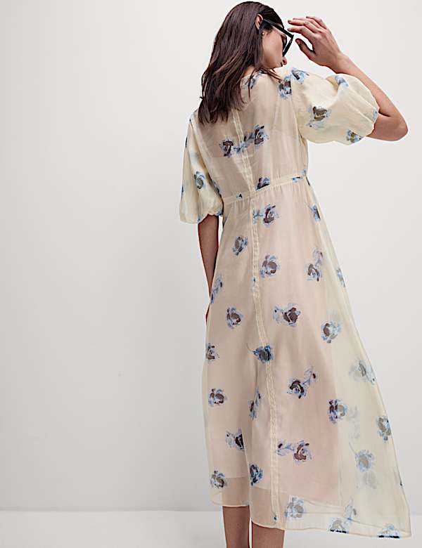 Sheer Printed V-Neck Midi Tea Dress