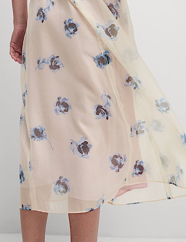 Sheer Printed V-Neck Midi Tea Dress - IS