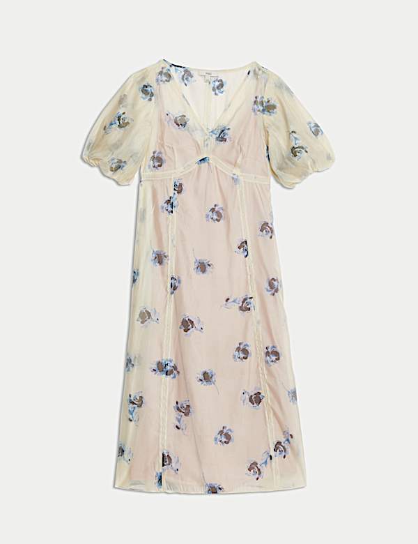 Sheer Printed V-Neck Midi Tea Dress - IS