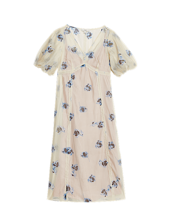 Sheer Printed V-Neck Midi Tea Dress
