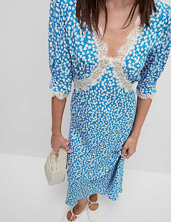 Printed V-Neck Lace Insert Midaxi Tea Dress