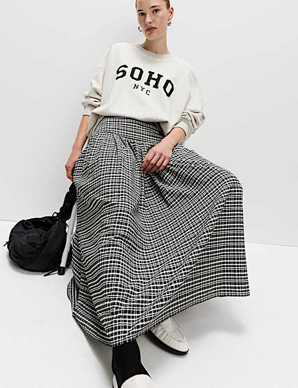 Jupe évasée midaxi plissée à carreaux - LU