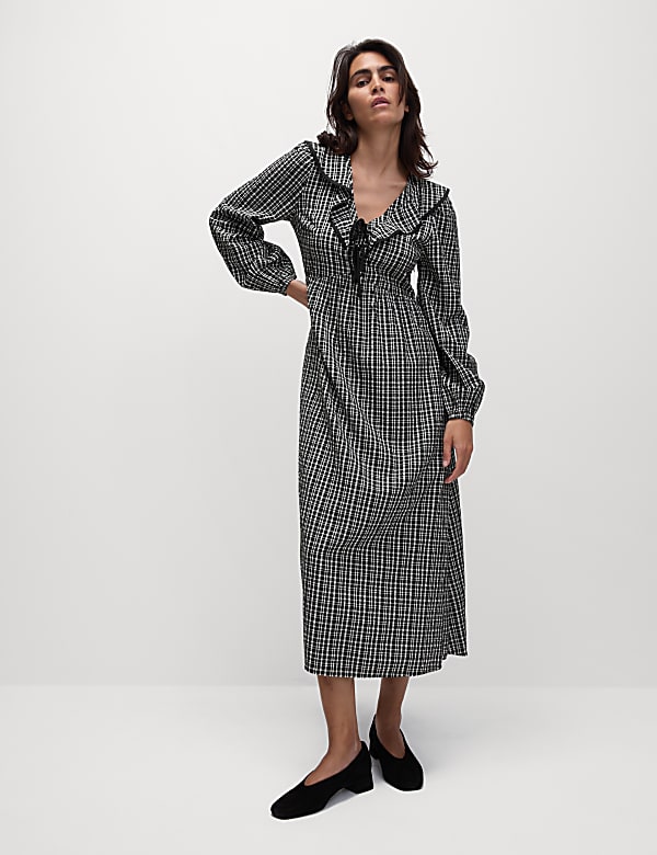 Checked V-Neck Ruffle Midi Waisted Dress - RO