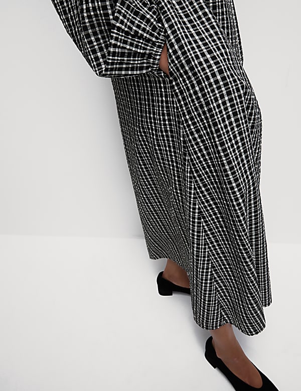 Checked V-Neck Ruffle Midi Waisted Dress - RO