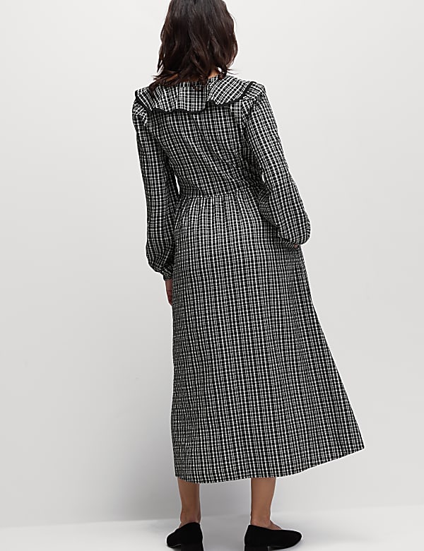 Checked V-Neck Ruffle Midi Waisted Dress - RO