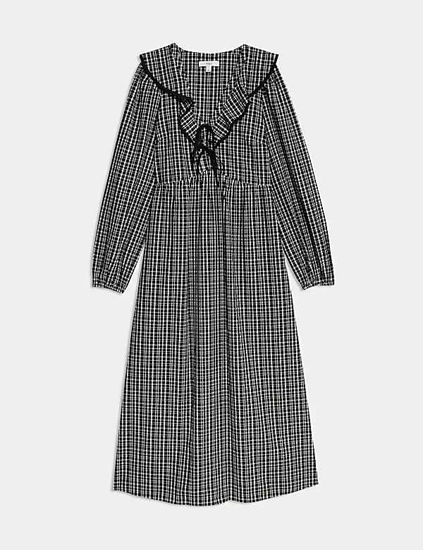 Checked V-Neck Ruffle Midi Waisted Dress - RO