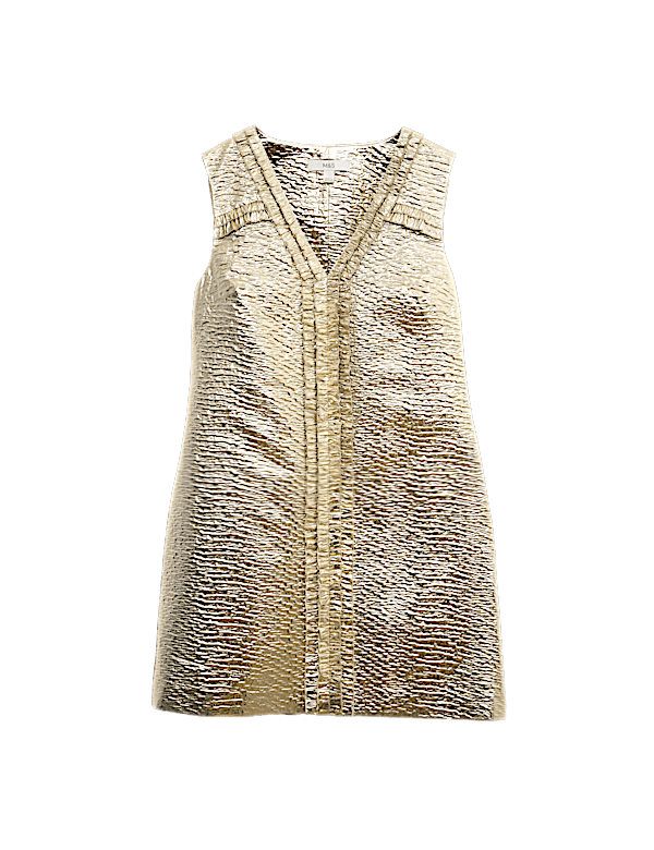 Gold Jacquard V-Neck Mini Shift Dress