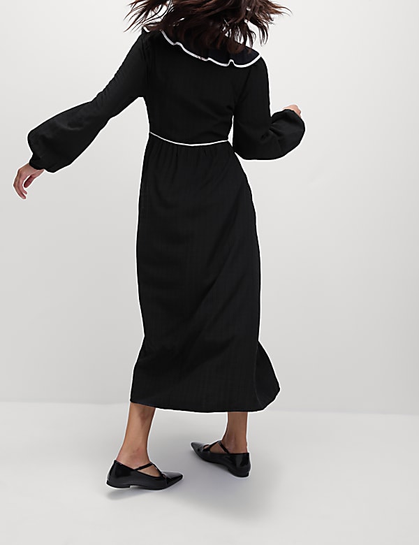 Modal Rich Textured Ruffle Midi Waisted Dress - JO