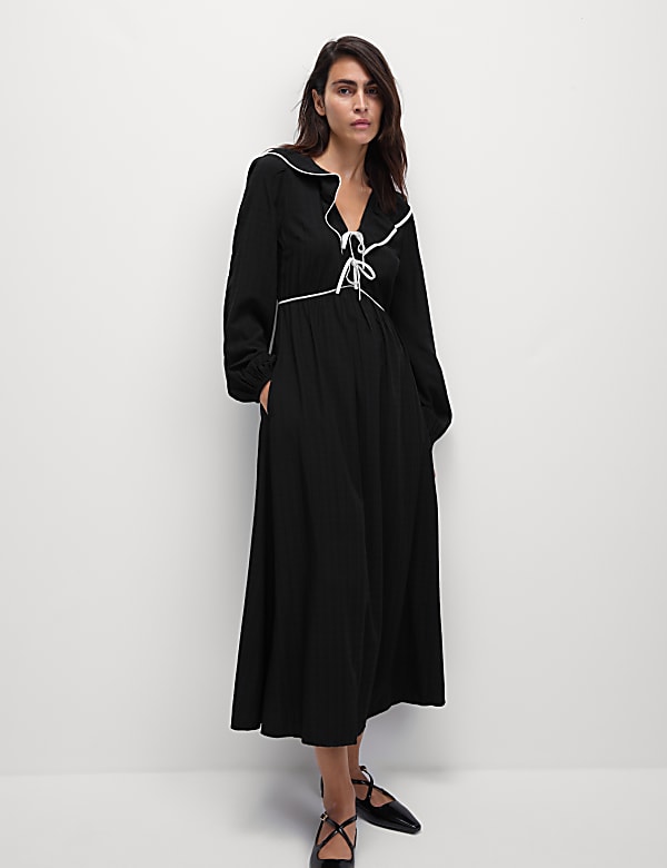 Modal Rich Textured Ruffle Midi Waisted Dress - JO