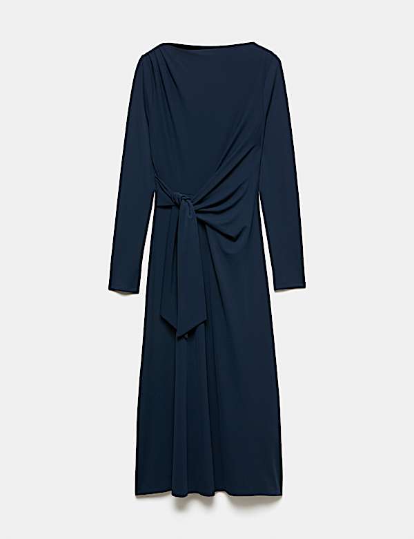 Jersey Tie Waist Slash Neck Midi Waisted Dress - AU