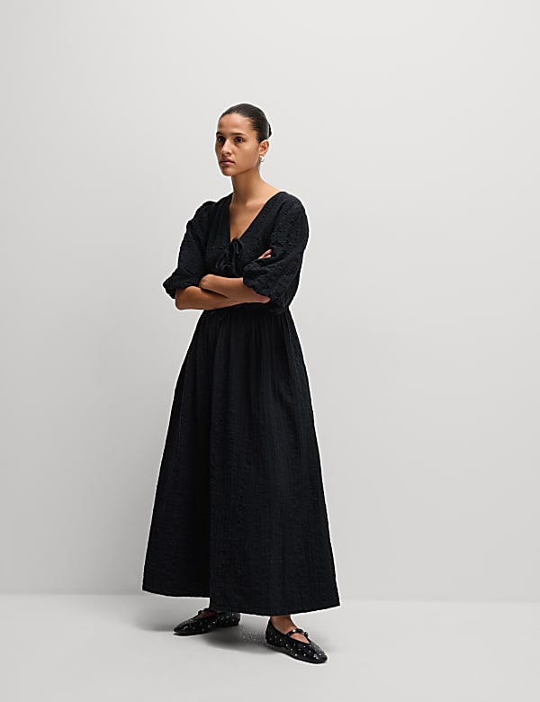 Cotton Rich Textured V-Neck Midi Waisted Dress