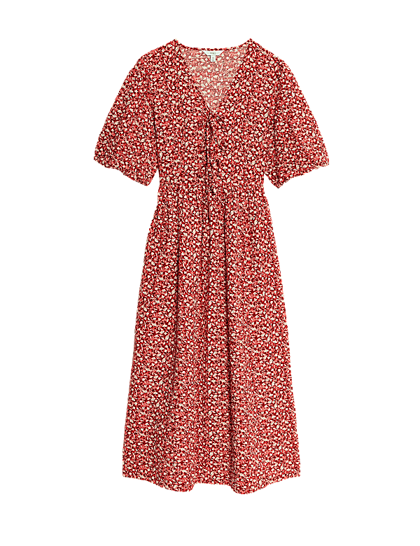 Cotton Rich Floral V-Neck Midi Waisted Dress