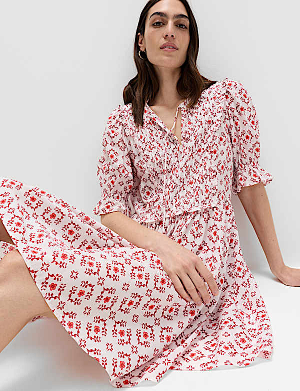 Cotton Rich Printed Mini Waisted Dress - AT