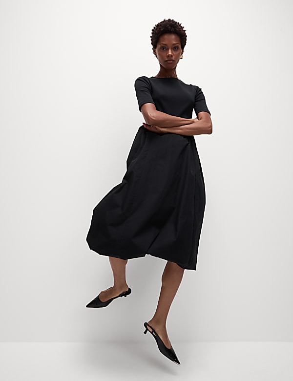 Marks Spencer Cotton Blend Balloon Skirt Midi Dress Black 14 REG