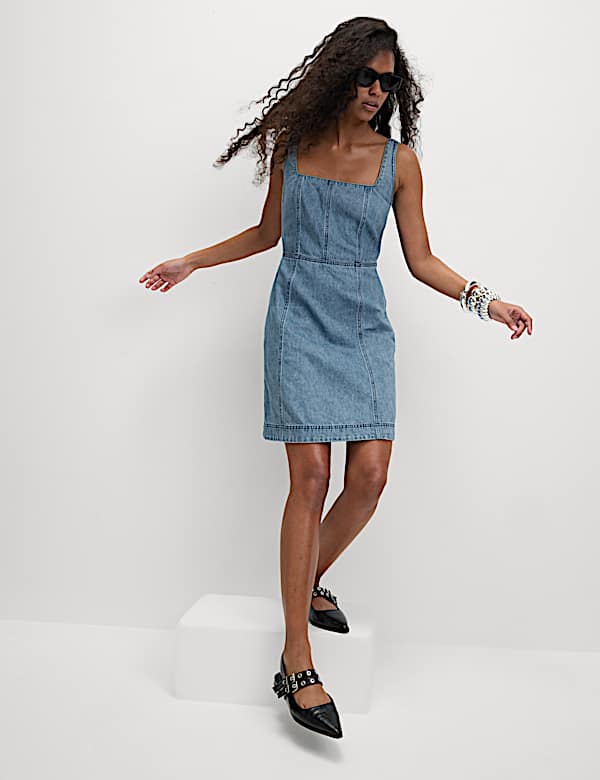 Denim Square Neck Mini Waisted Dress - ID