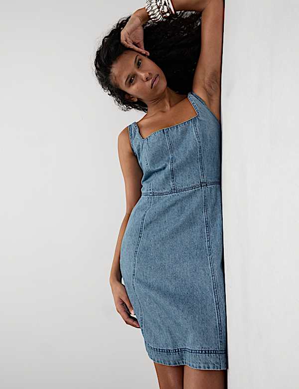 Denim Square Neck Mini Waisted Dress - ID