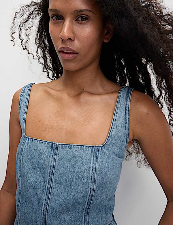 Denim Square Neck Mini Waisted Dress - ID