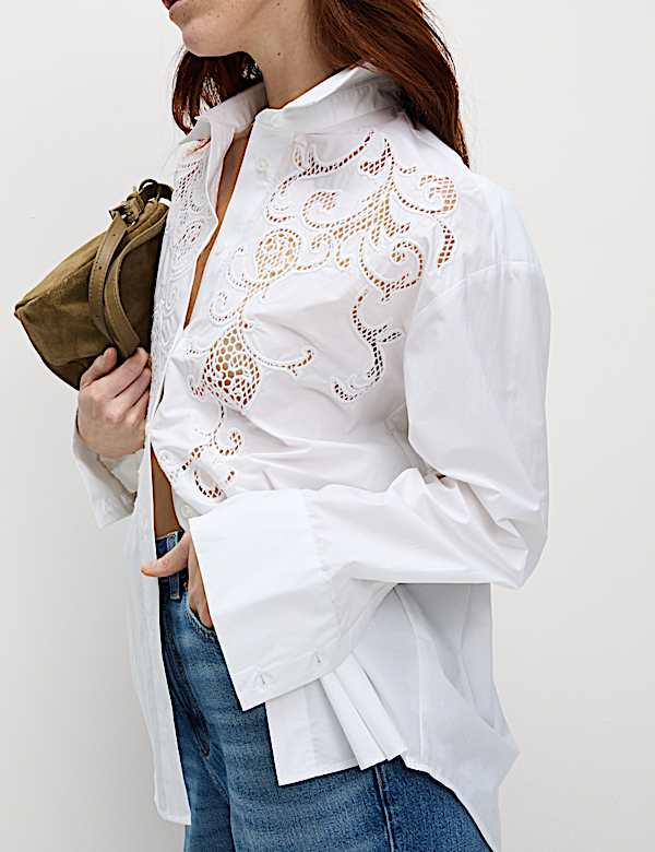 Pure Cotton Broderie Collared Shirt