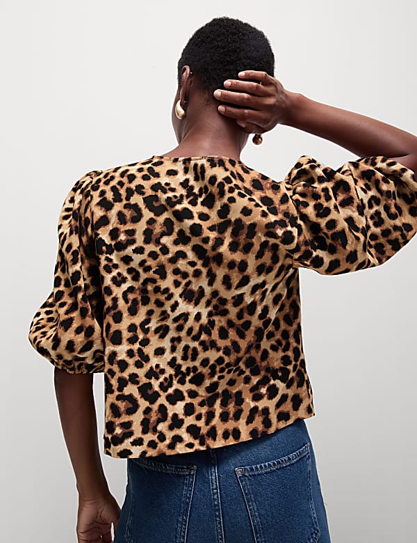 Animal Print Bow Puff Sleeve Blouse