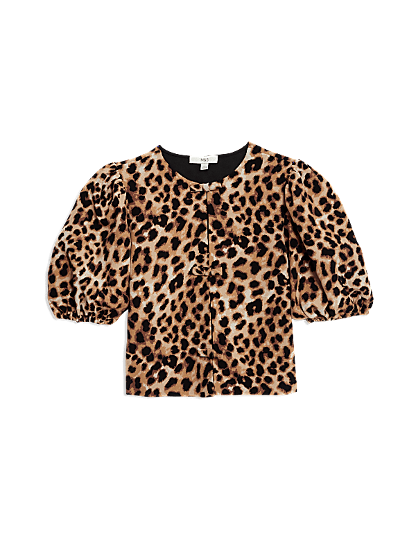 Animal Print Bow Puff Sleeve Blouse
