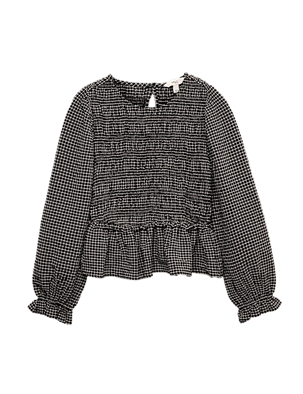 Crew Neck Shirred Checked Blouse