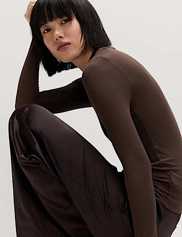Jersey High Neck Long Sleeve Top with Stretch - US