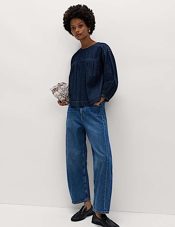 Pure Cotton Denim Crew Neck Blouse - SK