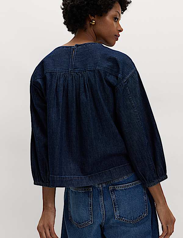 Pure Cotton Denim Crew Neck Blouse - SK