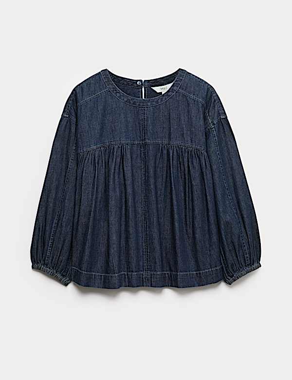 Pure Cotton Denim Crew Neck Blouse - SK