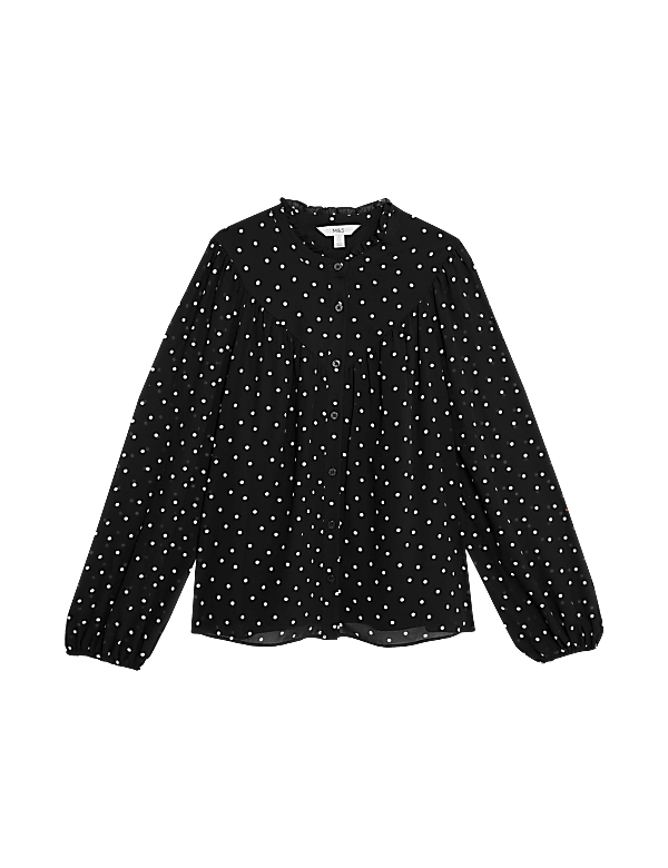 Polka Dot Frill Neck Button Through Blouse