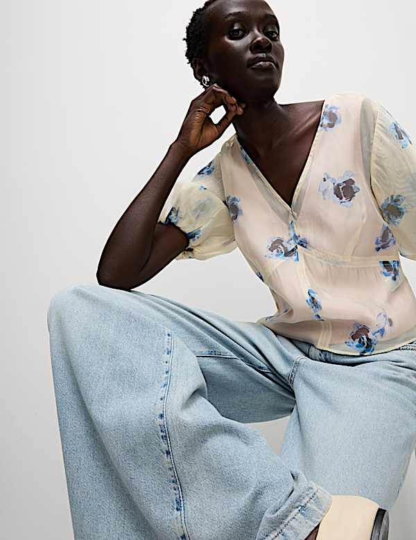 Organza Floral V-Neck Puff Sleeve Blouse - MY