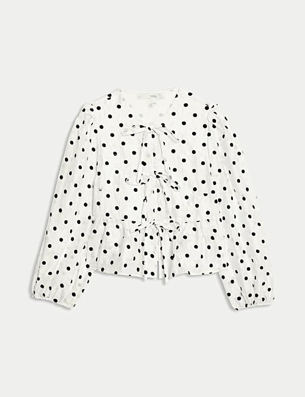 Polka Dot Tie Front Puff Sleeve Blouse - NL
