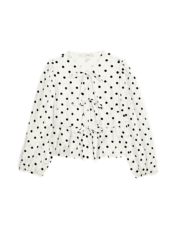 Polka Dot Tie Front Puff Sleeve Blouse
