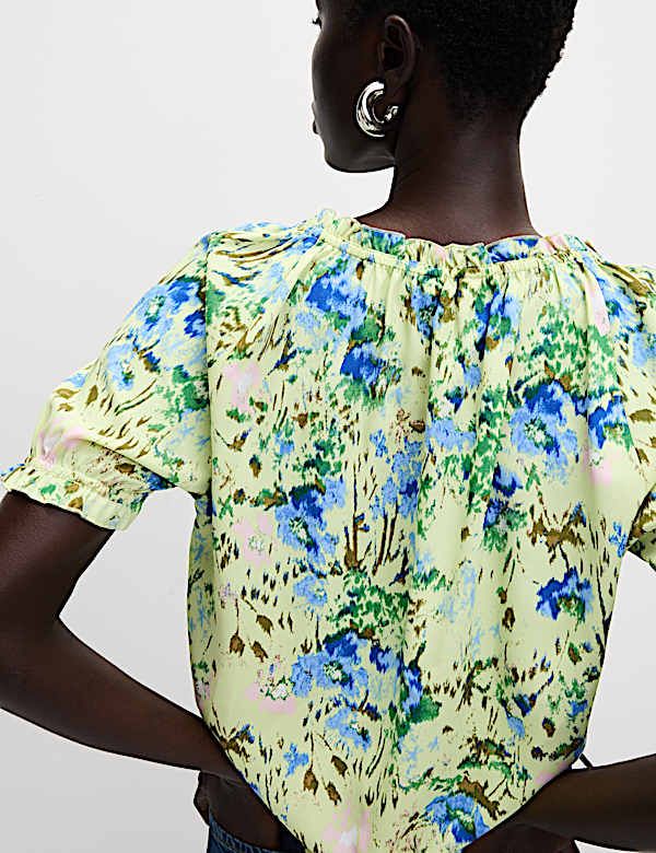 Floral Button Through Puff Sleeve Top - JP