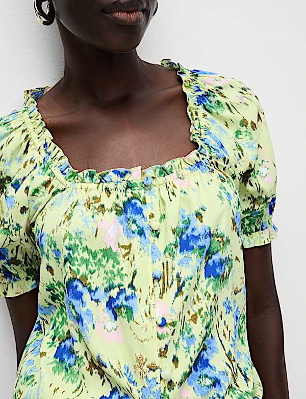 Floral Button Through Puff Sleeve Top - JP