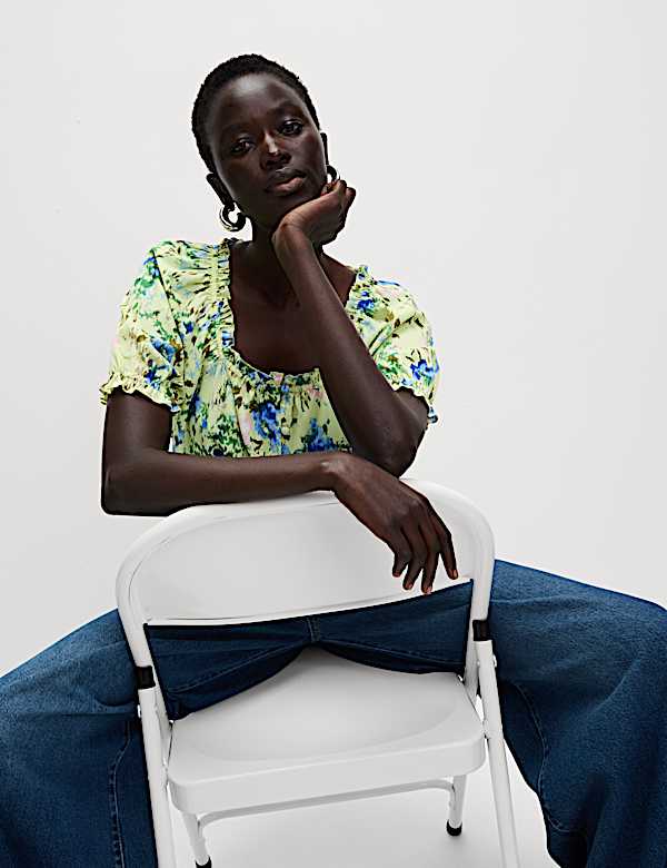 Floral Button Through Puff Sleeve Top - JP