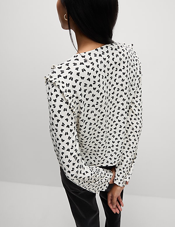 Printed Tie Front Ruffle Blouse