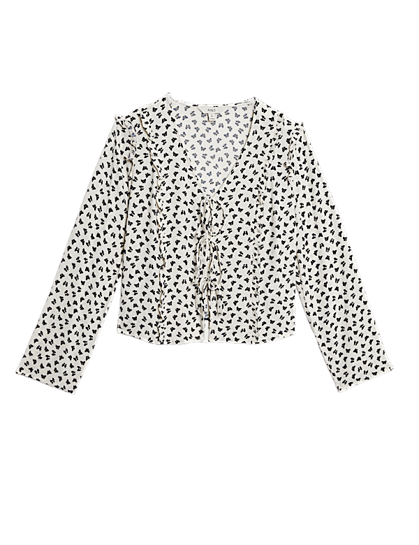 Printed Tie Front Ruffle Blouse