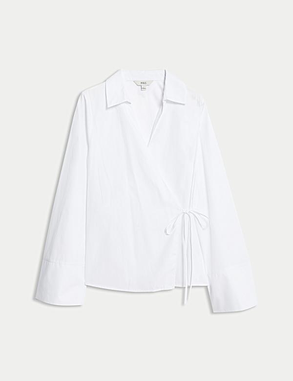 חולצת מעטפת מכותנה טהורה עם מחשוף וי ועיטור קשירה - IL