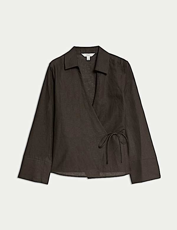 חולצת מעטפת מבד עשיר בפשתן עם קשירה - IL