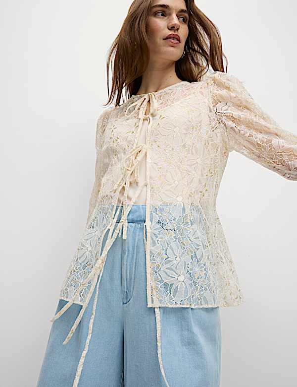 Lace Round Neck Tie Front Blouse