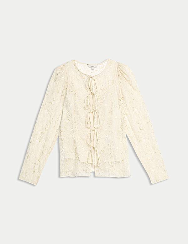 Lace Round Neck Tie Front Blouse - CH