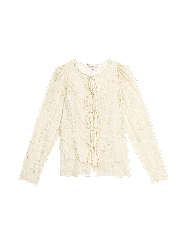 Lace Round Neck Tie Front Blouse