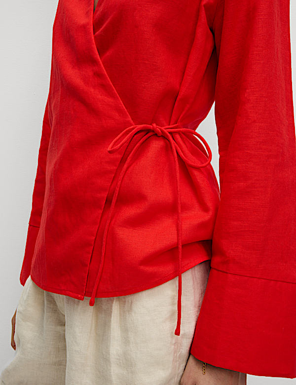 Camisa de lino con cuello y lazo en la parte delantera - US