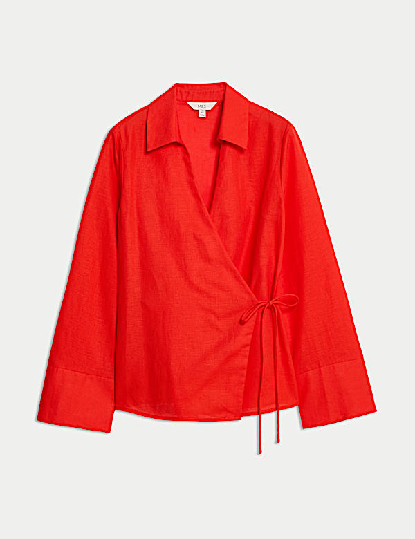 Camisa de lino con cuello y lazo en la parte delantera - US